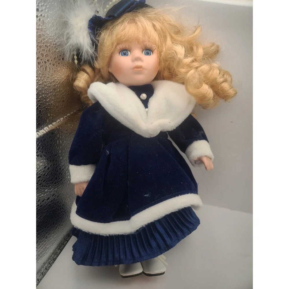 DanDee Collector Choice Fine Bisque Porcelain Doll Blonde Curly Hair Blue Dress